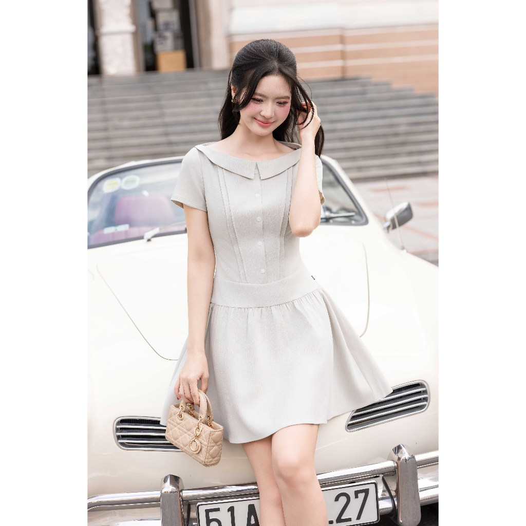 Đầm Xuân Hè Cổ Bẻ Ngang Nhún Chân 1S16.2601, Đầm Dáng Xoè Nhẹ A-line, Cổ Áo Cách Điệu Thanh Lịch Sang Trọng Design By JM