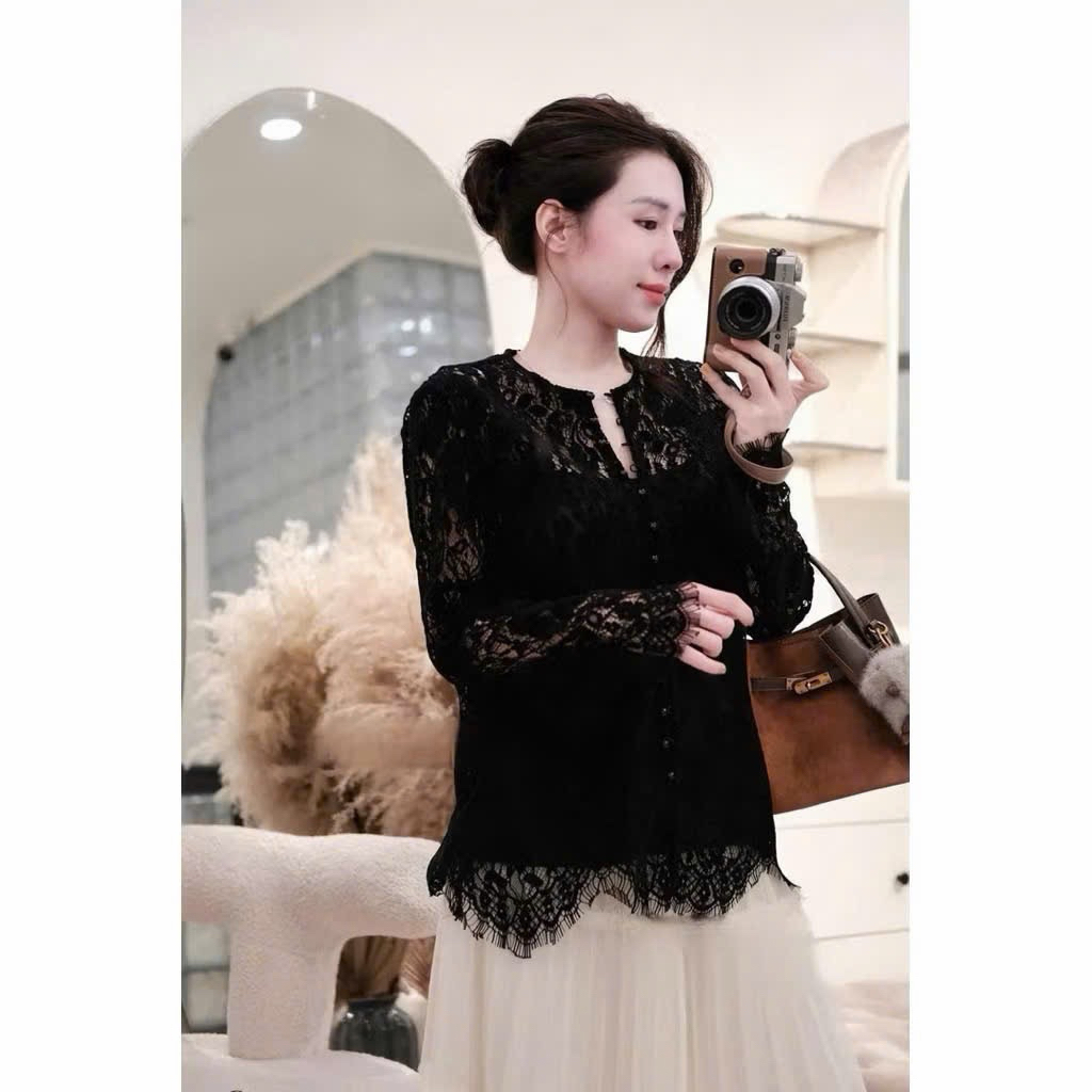 Áo ren dài tay đính khuy mix đồ mặc siu đẹp