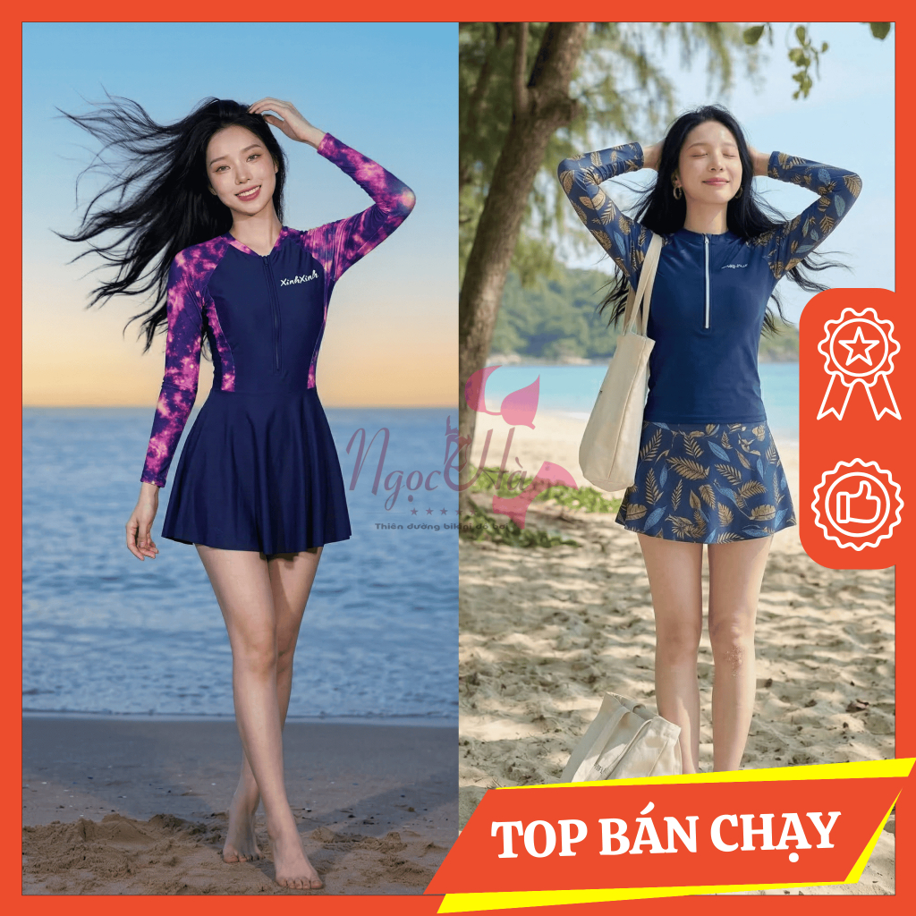 Đồ bơi nữ kín đáo XinhXinh - Áo tắm nữ khóa kéo họa tiết năng động (Có sẵn mút ngực & Quần trong)