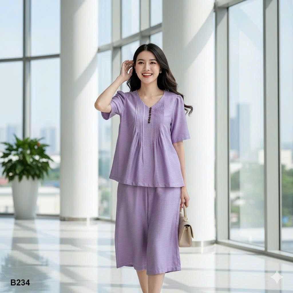 Bộ đũi nữ, đồ bộ nữ, áo tay cộc, quần lửng, chất đũi tơ xước mềm mát, nhiều size, đính nút