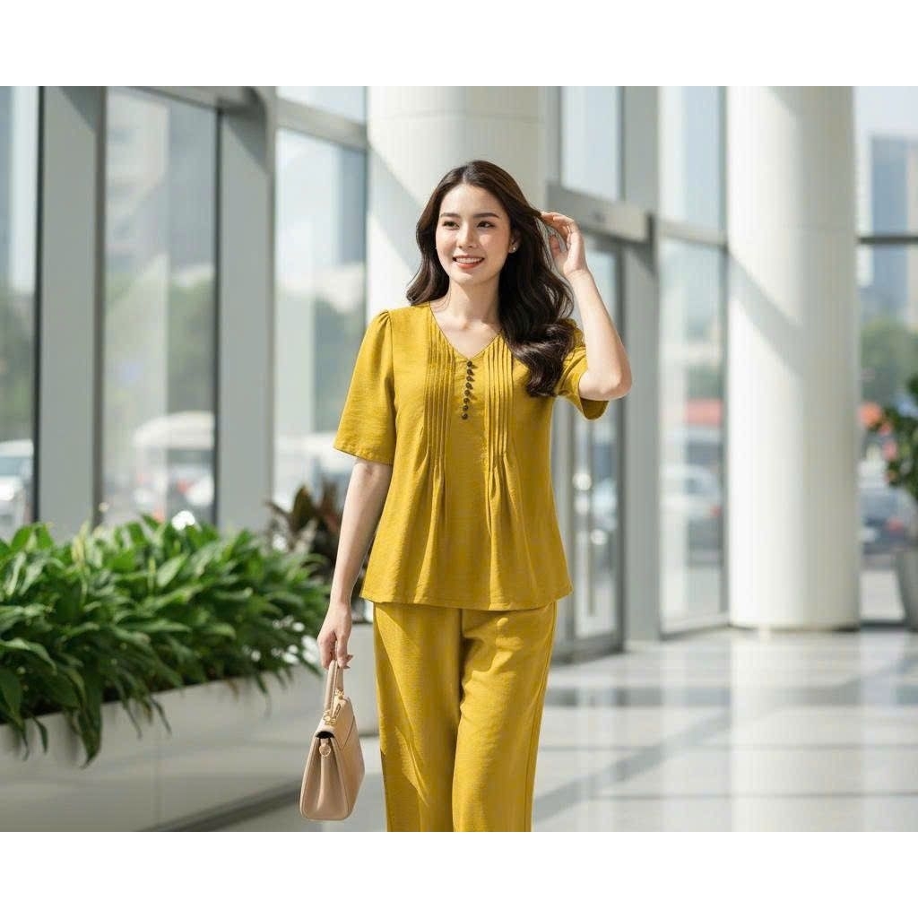 Bộ đũi nữ, đồ bộ nữ, áo tay cộc, quần lửng, chất đũi tơ xước mềm mát, nhiều size, đính nút