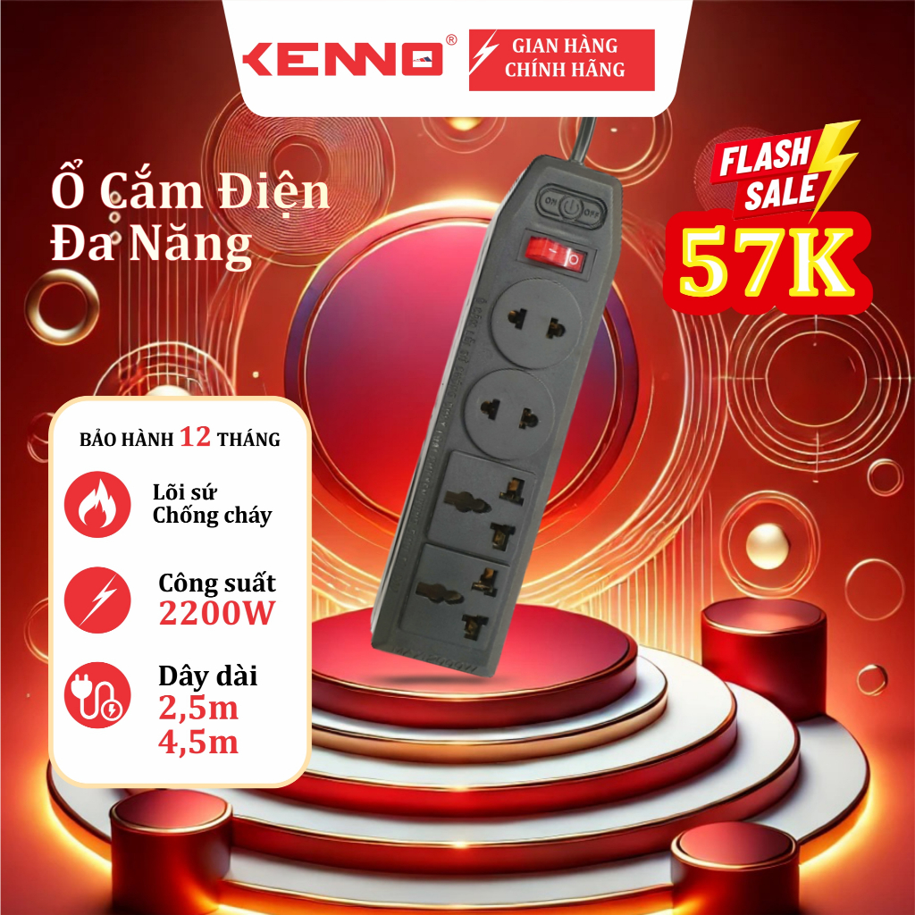 Ổ Cắm Điện Đa Năng Chịu Tải 1200W Kenno 4 Lỗ Cắm Có Công Tắc, Chuyên dùng nồi cơm, siêu tốc...