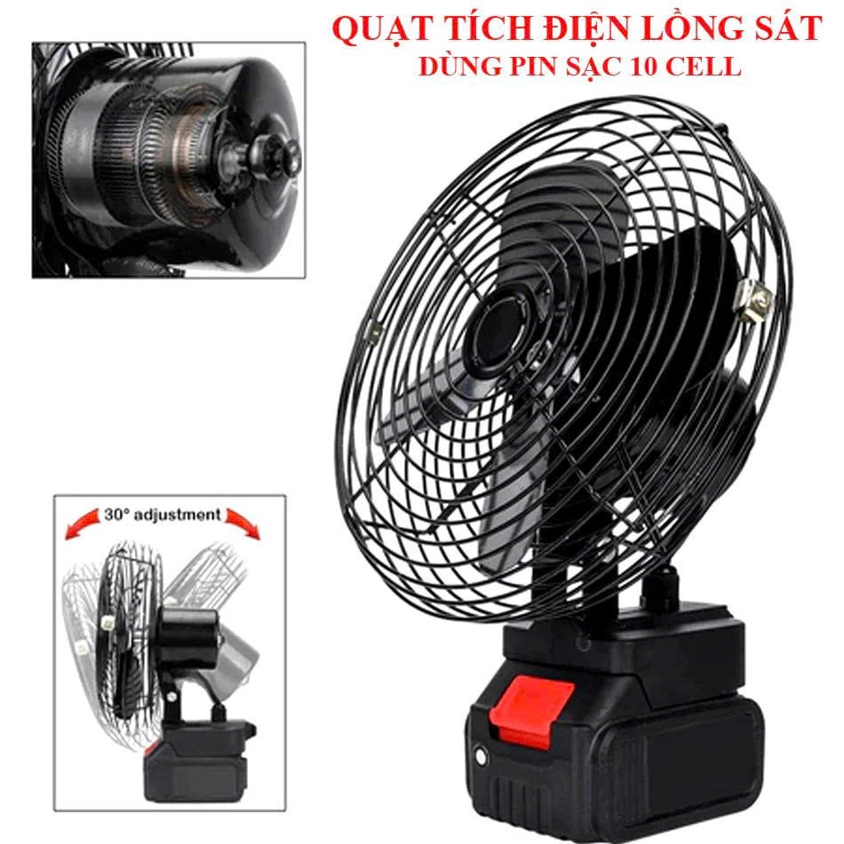 Quạt Tích Điện Để Bàn Pin 10 Cell - Lồng Sắt, 2 Tốc Độ, Bảo Hành 12 Tháng