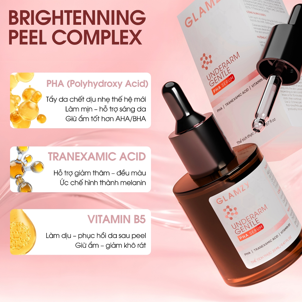Combo chăm sóc & làm sáng vùng nách Glamzy | Peel tẩy tế bào chết + Serum dưỡng sáng