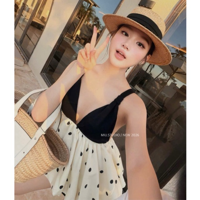 “Khale Set” Set áo babydoll 2S hoạ tiết chấm bi from bí bồng xoè kèm chân váy ngắn trẻ trung mặc đi biển đi chơi