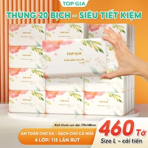 Thùng 20 bịch giấy ăn TopGia sương mai cao cấp 4 lớp dày dặn, mềm mịn, thấm hút tốt