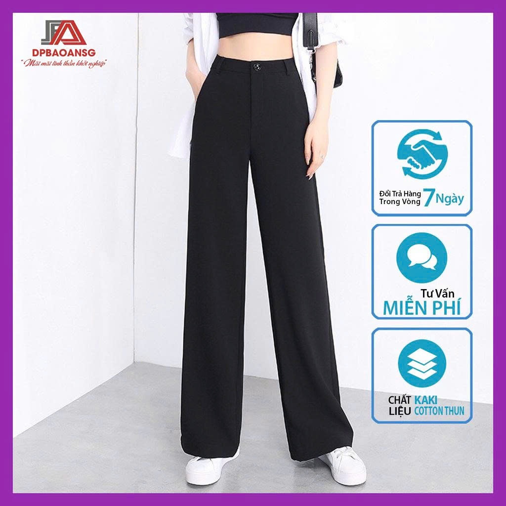 Quần Ống Rộng Nữ Cạp Cao Màu Đen Vải Kaki Cotton Dày, Giữ Form Tốt - Mặc Đi Học, Đi Làm, Dạo Phố