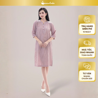 SWANLAKE | Váy Đầm Suông Tay Lỡ Cổ Trụ Cài Nút Vải Cotton Sọc Thêu Họa Tiết Vai Công Sở - D11882