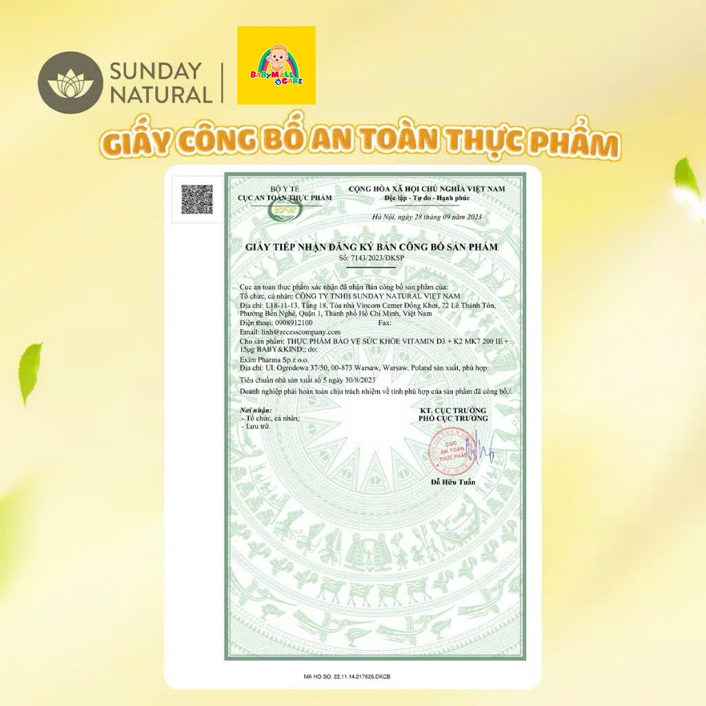 Thực Phẩm Bảo Vệ Sức Khoẻ Vitamin D3 + K2 MK7 200 IE + 15µg Sunday Natural, 300 giọt, 10ml