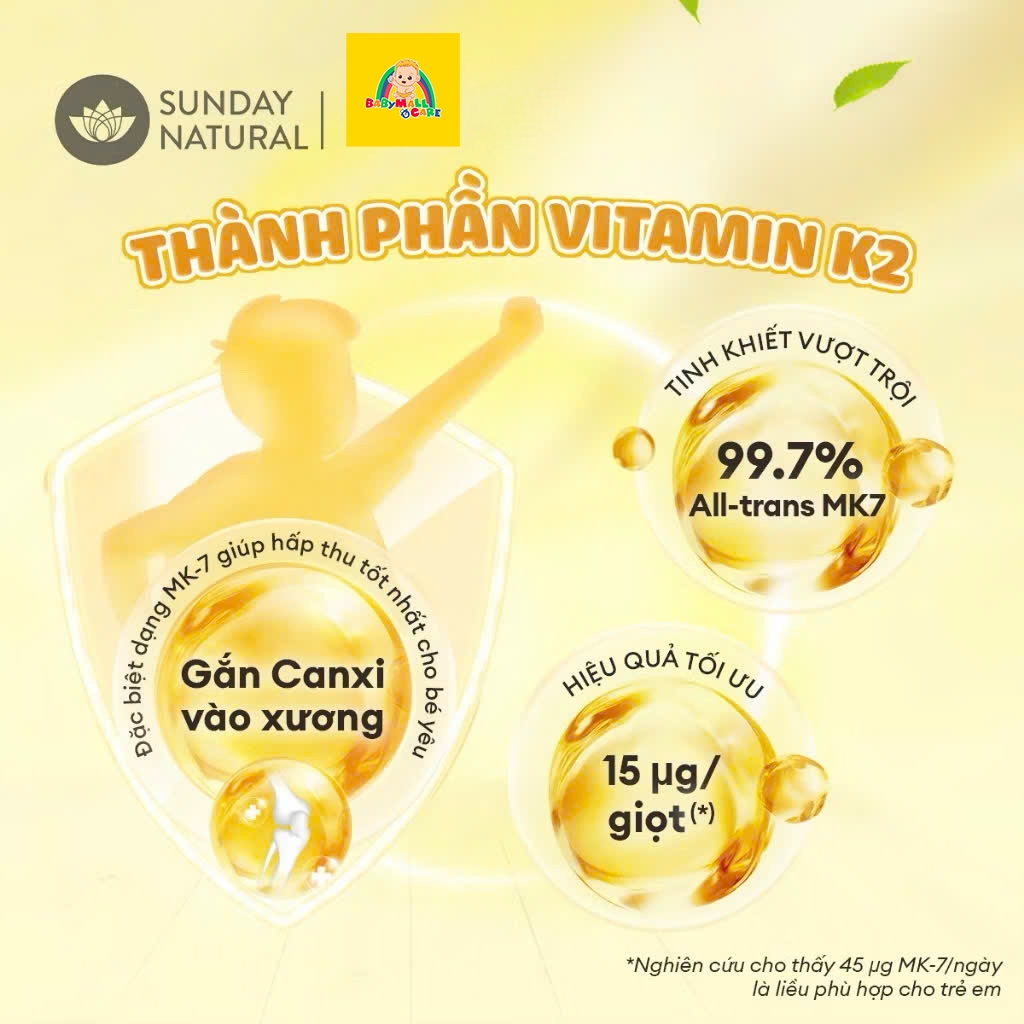 Thực Phẩm Bảo Vệ Sức Khoẻ Vitamin D3 + K2 MK7 200 IE + 15µg Sunday Natural, 300 giọt, 10ml