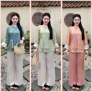 Pháp phục đi chùa cổ tròn dài tay phối gấm đính khuy đá tằm ánh kim vân hoa cúc | Đồ Lam An Nhiên