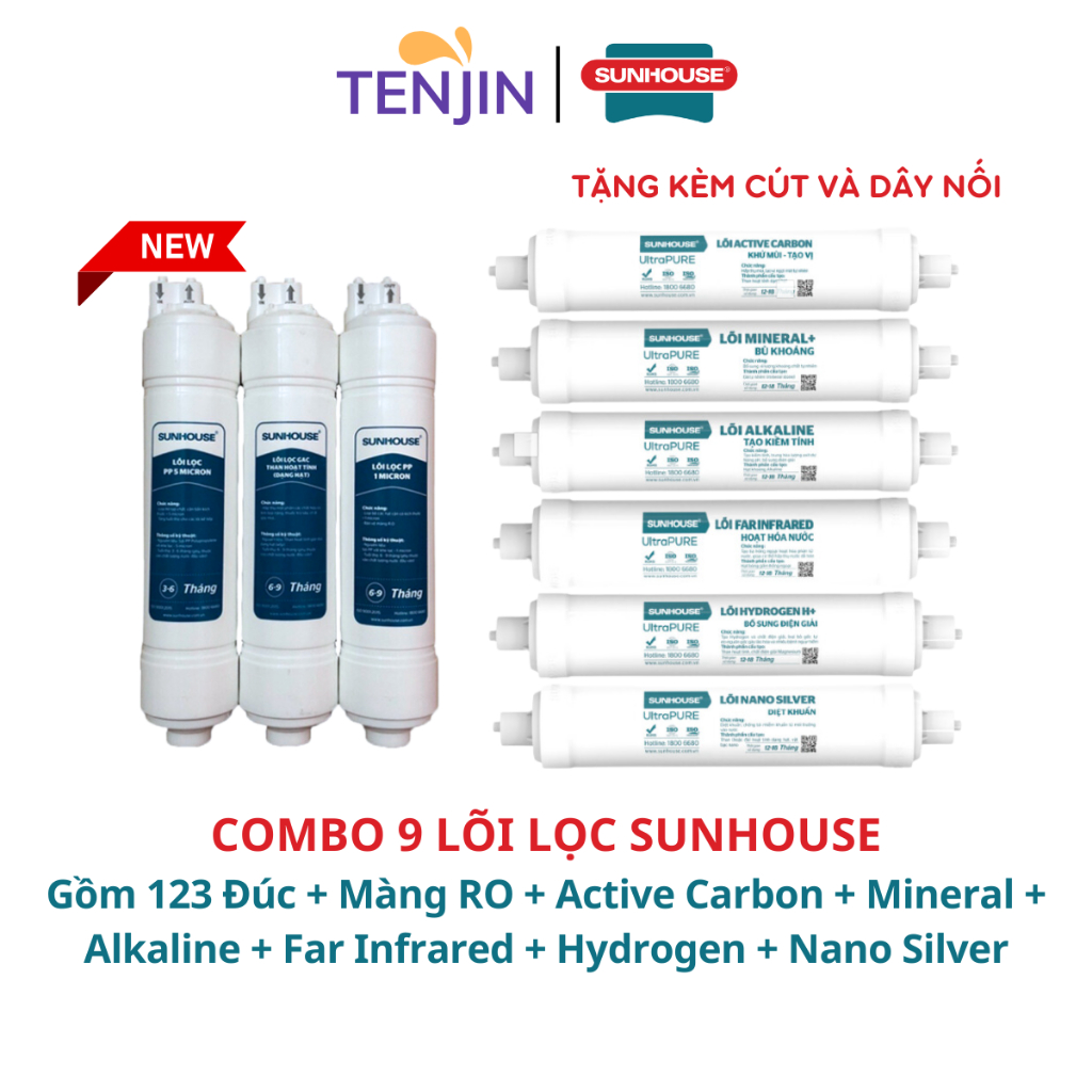 Combo 10 Lõi Lọc Nước Sunhouse Gồm Bộ 123 Đúc Cắm Nhanh, Màng RO, 6 Chức Năng Model SHA8201KV, SHA76620KL, SHA76214CK-S