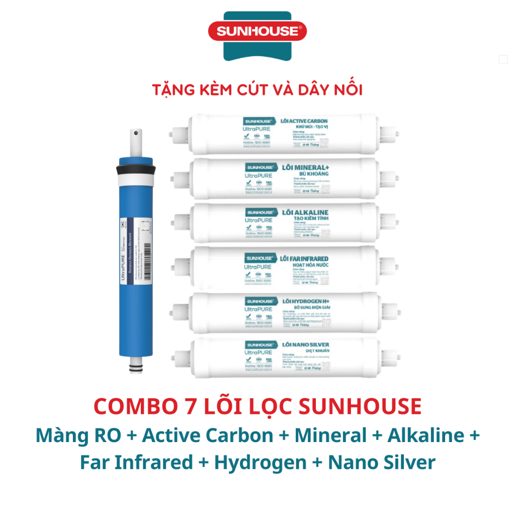 Combo 10 Lõi Lọc Nước Sunhouse Gồm Bộ 123 Đúc Cắm Nhanh, Màng RO, 6 Chức Năng Model SHA8201KV, SHA76620KL, SHA76214CK-S