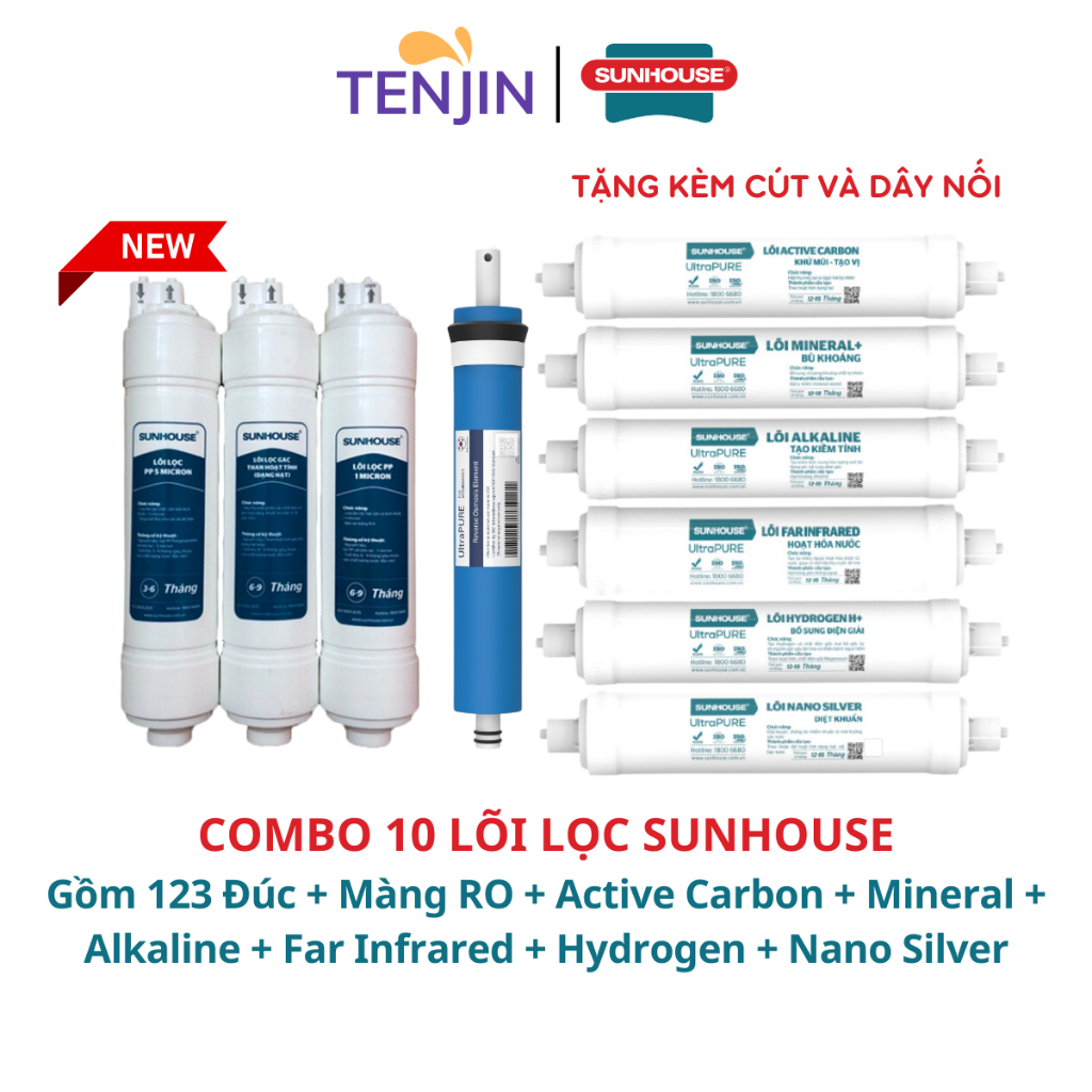 Combo 10 Lõi Lọc Nước Sunhouse Gồm Bộ 123 Đúc Cắm Nhanh, Màng RO, 6 Chức Năng Model SHA8201KV, SHA76620KL, SHA76214CK-S
