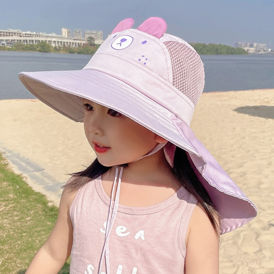 Mũ Chống Nắng Trẻ Em Vành Rộng Có Che Cổ, Nón Chống Tia UV Cho Bé Đi Biển Có Dây Đeo Và Còi An Toàn