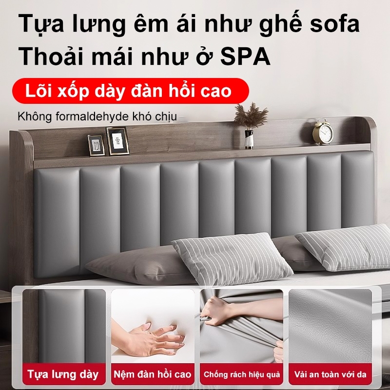 Giường Gỗ 1m6x2m MDF Melamine Cao Cấp - Giường Ngủ Đôi Hiện Đại Chống Ẩm Có Kệ Đầu Giường Thông Minh