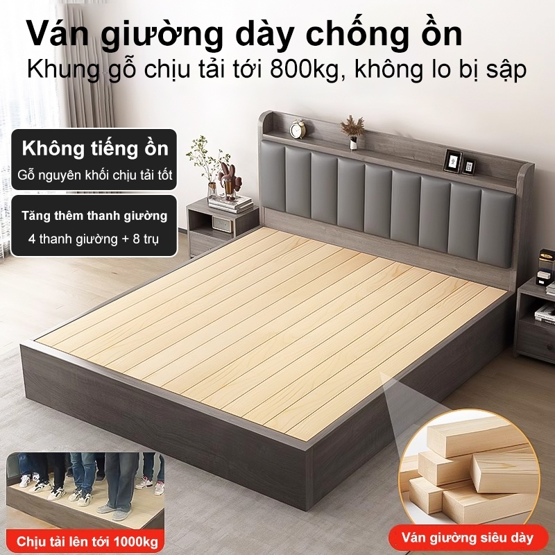 Giường Gỗ 1m6x2m MDF Melamine Cao Cấp - Giường Ngủ Đôi Hiện Đại Chống Ẩm Có Kệ Đầu Giường Thông Minh