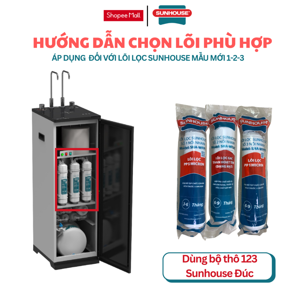 Combo 10 Lõi Lọc Nước Sunhouse Gồm Bộ 123 Đúc Cắm Nhanh, Màng RO, 6 Chức Năng Model SHA8201KV, SHA76620KL, SHA76214CK-S