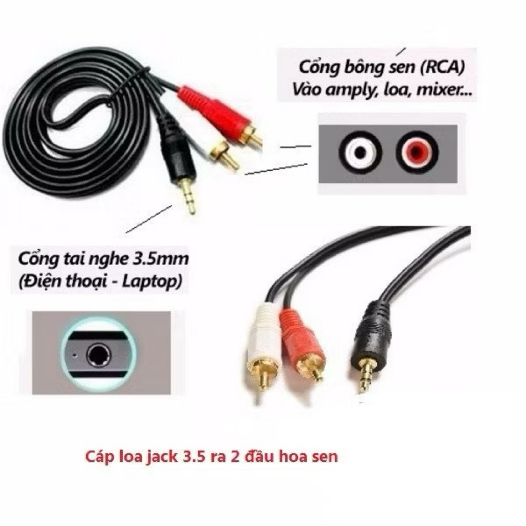 Dây cáp loa 1 ra 2 từ đầu 3.5mm to AV 2 RCA Audio 1m5 đến 10m