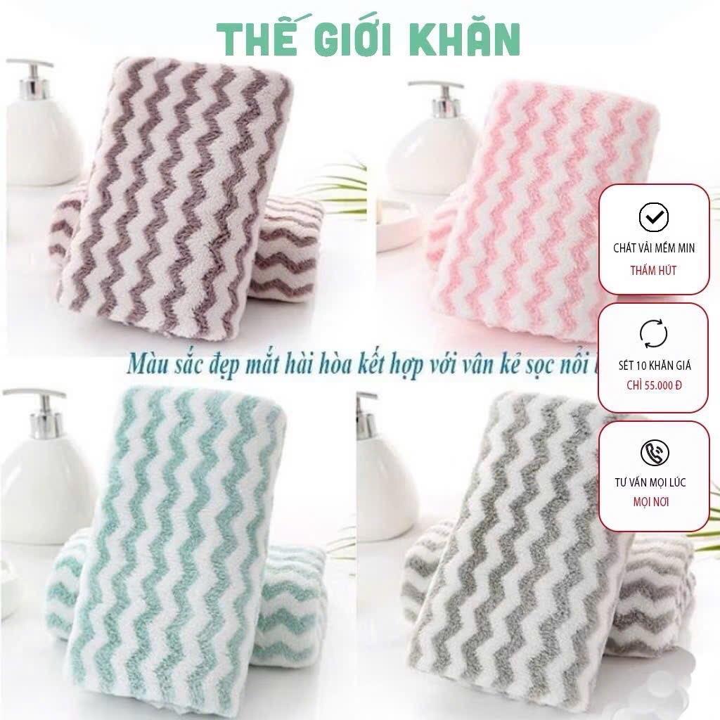Set 10 Khăn Lau Mặt Kẻ Sợi Siêu Mềm Mịn Siêu Thấm Hút Kháng Khuẩn