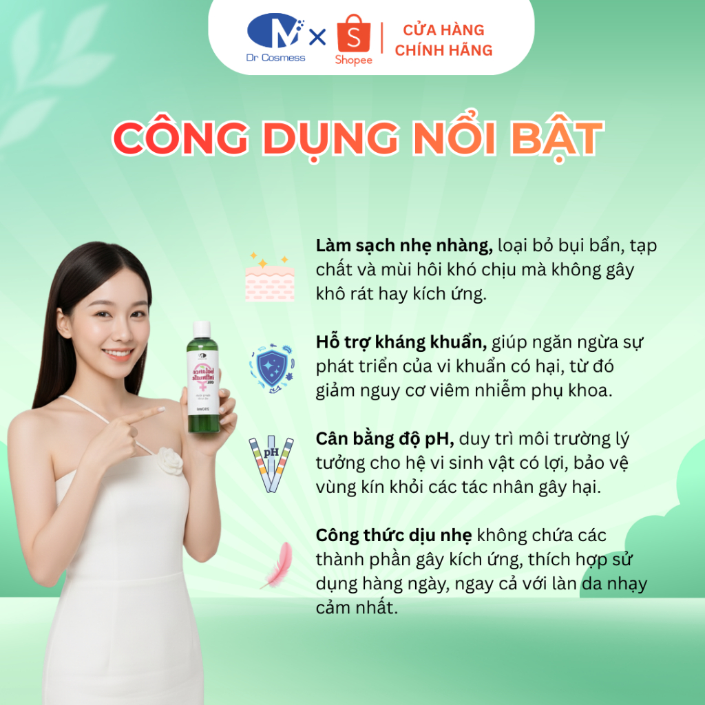 Dung Dịch Vệ Sinh Dịu Nhẹ, Cân Bằng Ph, Giảm Nấm Ngứa, Khử Mùi Hôi, Không Khô Dr Cosmess Chính Hãng