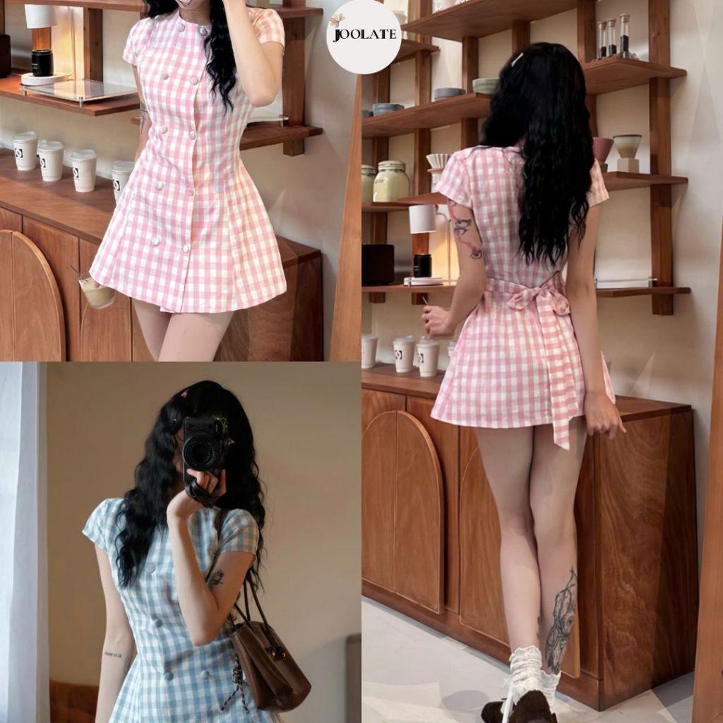 Váy Kẻ Caro Cúc Bọc 7388 – Dáng Suông Thanh Lịch, Chuẩn Style Mùa Hè Joolate