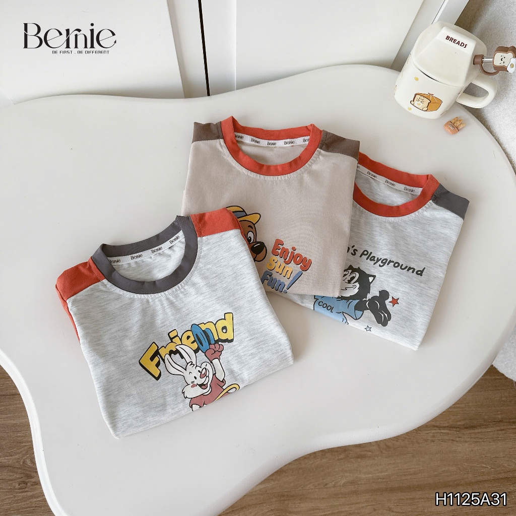 Áo phông cộc tay phối in hình bé trai, áo thun cổ tròn cotton mềm mát cho bé