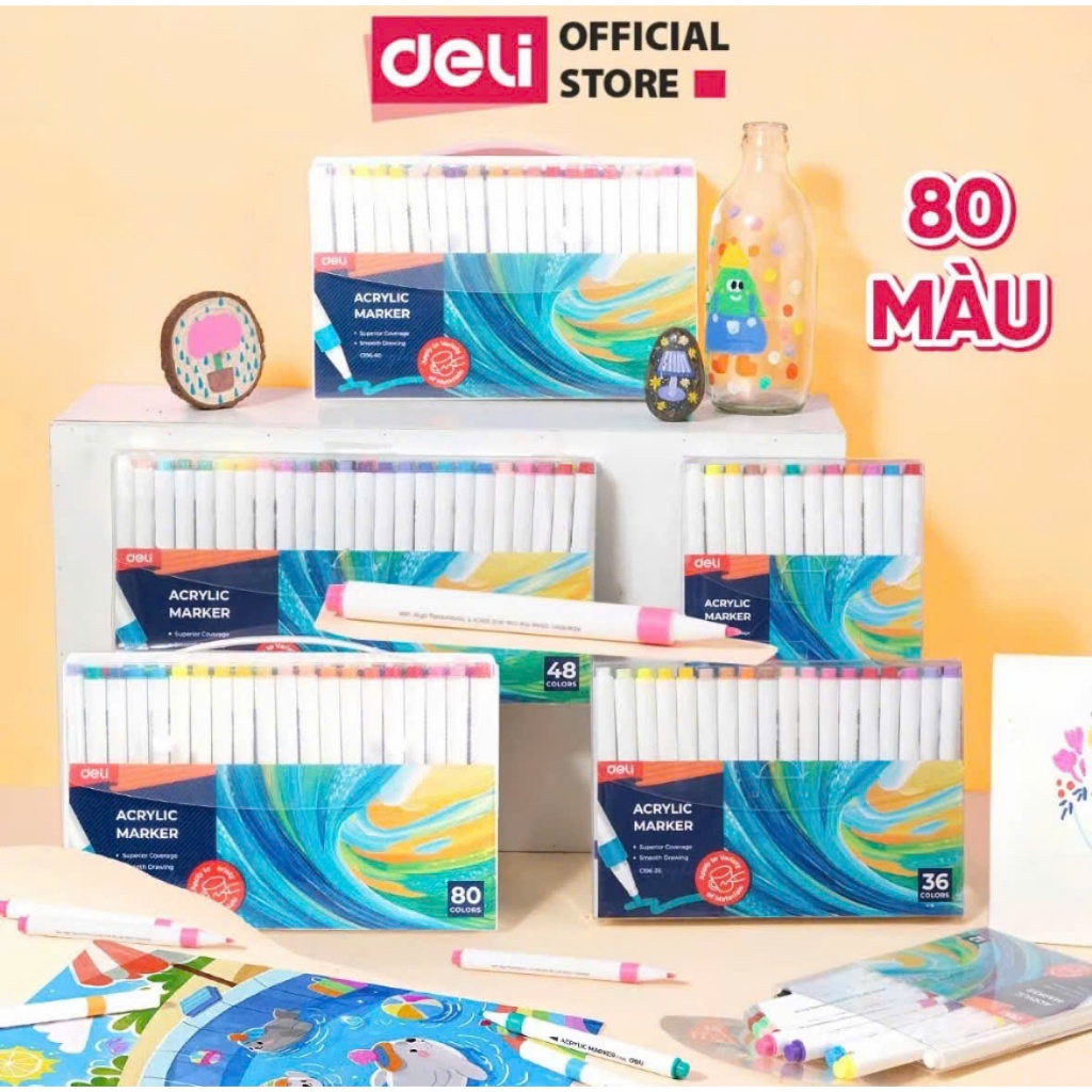 Bút Sơn 80 Màu Acrylic Marker Cao Cấp Deli Màu Sắc Tươi Sáng Vẽ Trên Mọi Chất Liệu Có Thể Chồng Màu