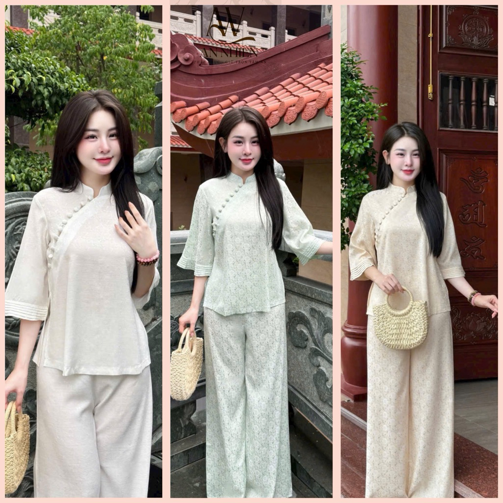 Thiết kế cao cấp Bộ Đồ Lam Đi Chùa Nữ Chất Liệu Terrin Lạnh, Thiết Kế Trơn Sang Trọng và Thanh Lịch | Đồ Lam An Nhiên