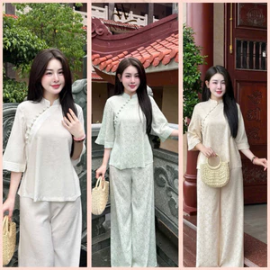 Thiết kế cao cấp Bộ Đồ Lam Đi Chùa Nữ Chất Liệu Terrin Lạnh, Thiết Kế Trơn Sang Trọng và Thanh Lịch | Đồ Lam An Nhiên