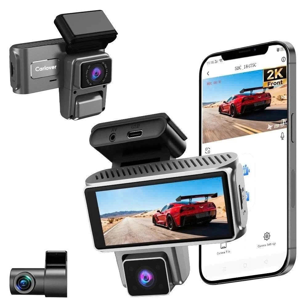 Camera hành trình ô tô S16 CARLOVER 3 mắt Phân giải 2K Ghi trước trong sau Ghi đêm hồng ngoại Kết nối điện thoại BH 1năm