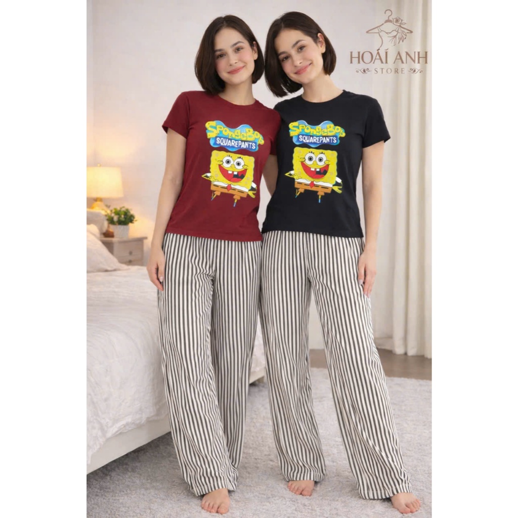 Sét Bộ Áo Thun Ngắn Tay Dáng Babytee In Bọt  Biển Phối Quần Dài Kẻ Sọc Basic Nữ Tính