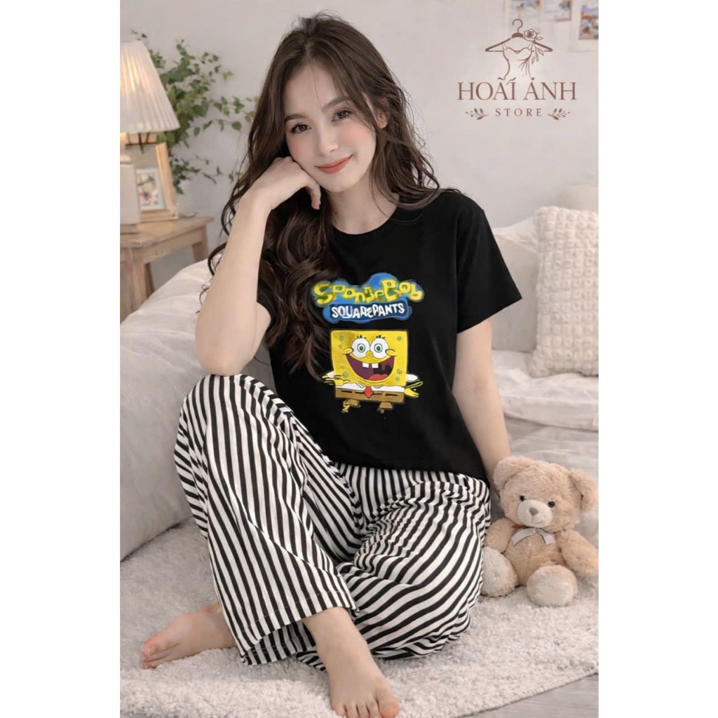 Sét Bộ Áo Thun Ngắn Tay Dáng Babytee In Bọt  Biển Phối Quần Dài Kẻ Sọc Basic Nữ Tính