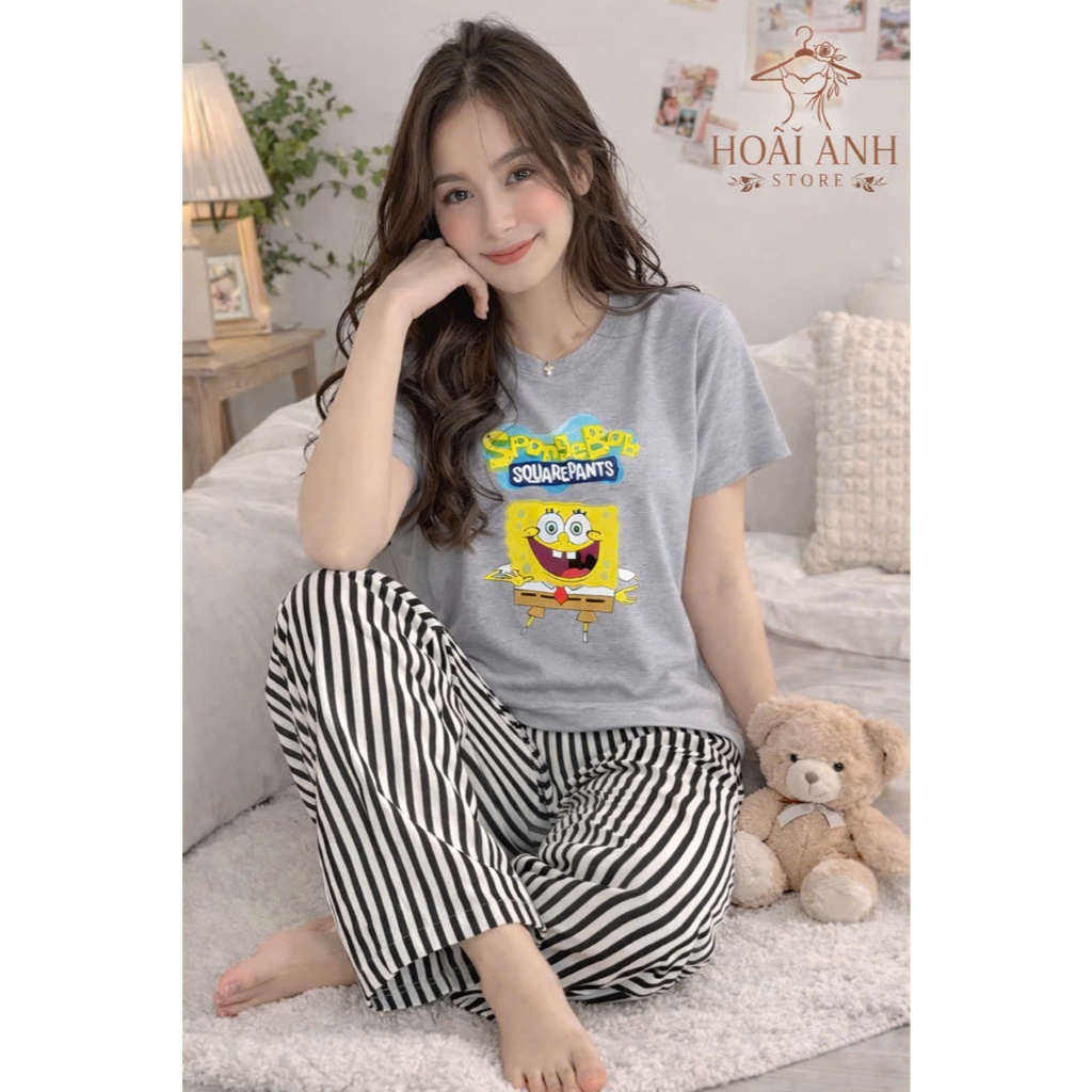 Sét Bộ Áo Thun Ngắn Tay Dáng Babytee In Bọt  Biển Phối Quần Dài Kẻ Sọc Basic Nữ Tính