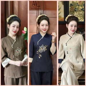 Bộ Lam thêu Hoa Bỉ Ngạn Truyền Thống đính nút bọc phối quần suông rộng | Đồ Lam An Nhiên