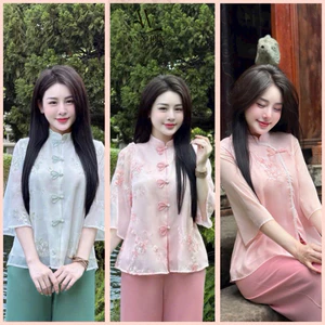 Set Đồ Lam Cho Nữ Áo Voan Tơ Hoa Đào Phối Cúc Nơ Ngọc Tiểu Thư | Đồ Lam An Nhiên