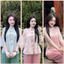 Set Đồ Lam Cho Nữ Áo Voan Tơ Hoa Đào Phối Cúc Nơ Ngọc Tiểu Thư | Đồ Lam An Nhiên