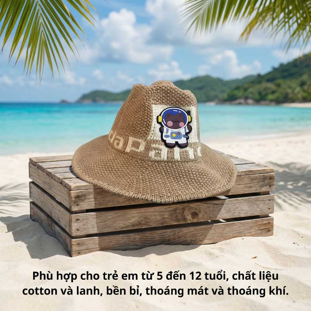 Mũ Nón Lưỡi Trai Chống Nắng Trẻ Em Vải Cây Bông Lanh Mùa Hè Gấu Phi Hành Gia Thoáng Mát An Toàn