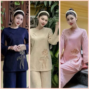 Bộ đồ tiểu thư năm nút thêu Sen lien | Đồ Lam An Nhiên
