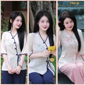 Set Đồ Đi Chùa Chất Đũi Nhật Mẫu Mới Thêu Hoa , Pháp Phục Tay Lỡ Cúc Tàu| Đồ Lam An Nhiên