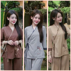 Bộ Pháp Phục lụa tuyết thêu, Bộ lam truyền thống đi chùa cổ V | Đồ Lam An Nhiên