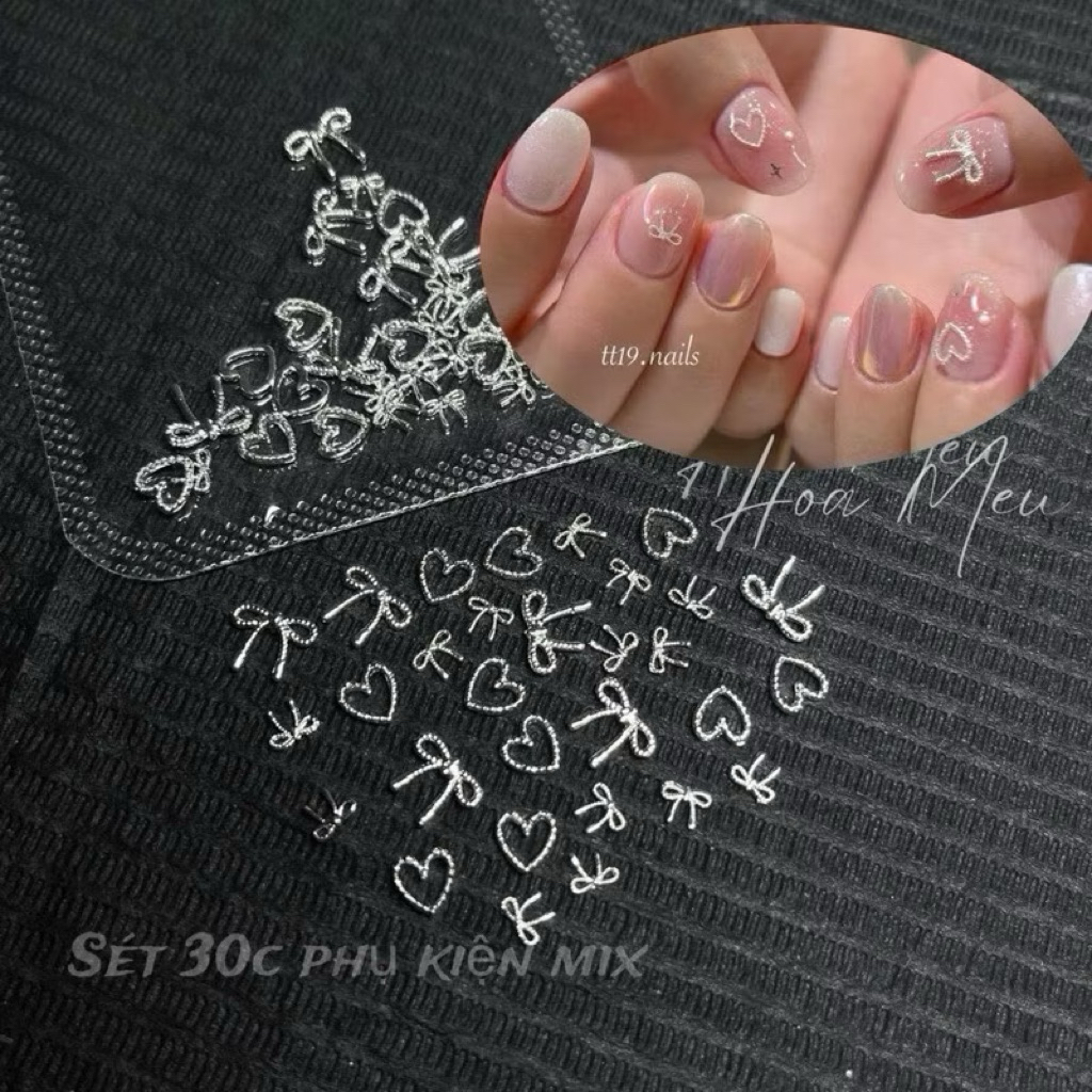 Sét 30v tim nơ mix trang trí gắn móng nail-phụ kiện nail giá rẻ