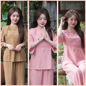 Bộ quần áo đi chùa cổ tròn thêu sen An Nhiên chất liệu đũi tơ mềm mát đô | Đồ Lam An Nhiên