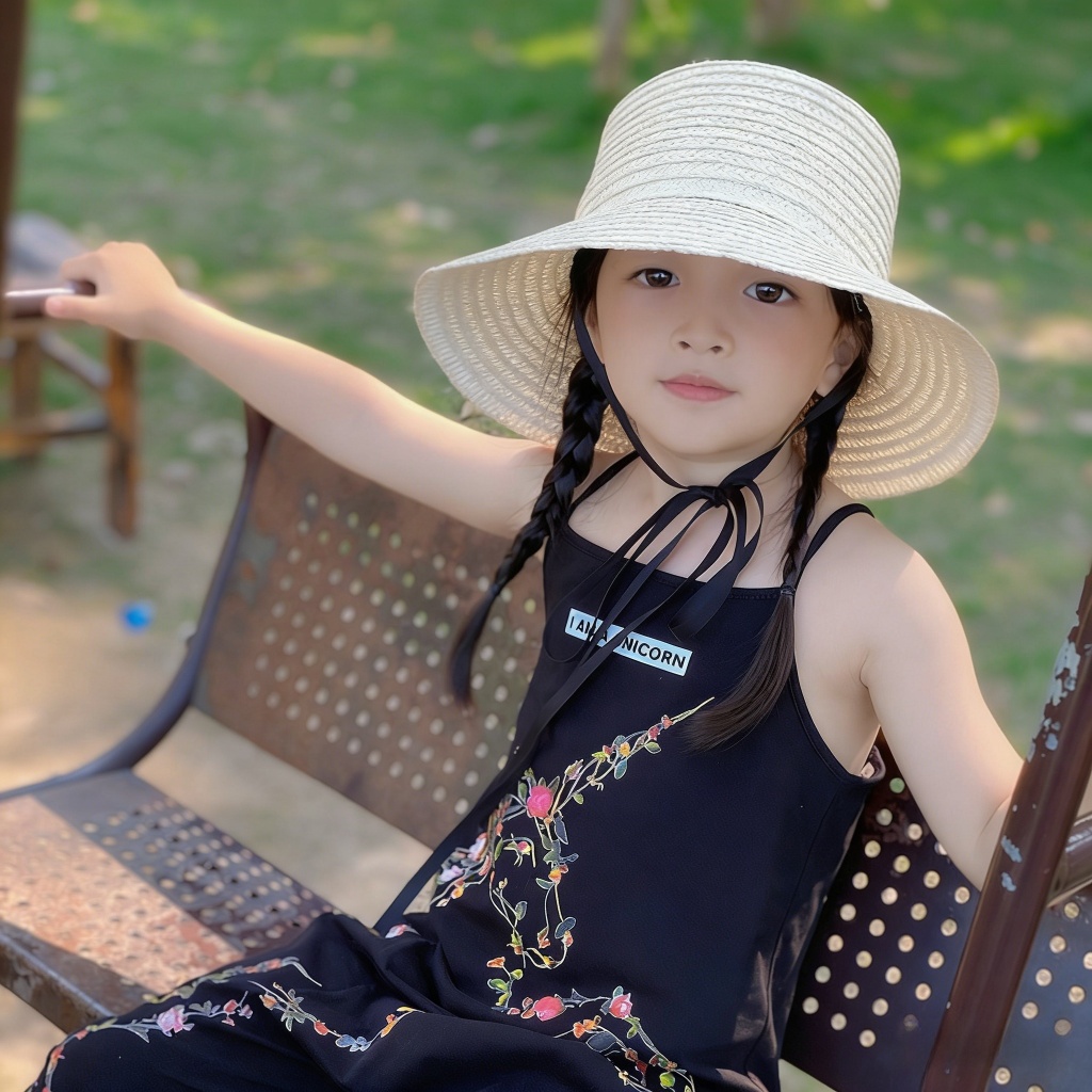 Mũ Nón Lưỡi Trai Chống Nắng Trẻ Em 5-12 Tuổi Rơm UV Dây Buộc Đi Biển Du Lịch Dễ Phối Đồ