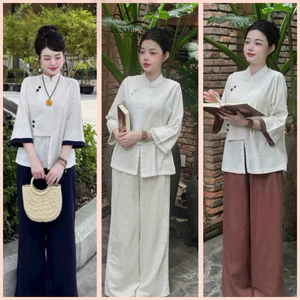 Bộ Pháp Phục vải linen bột truyền thống,bộ lam đi chùa | Đồ Lam An Nhiên