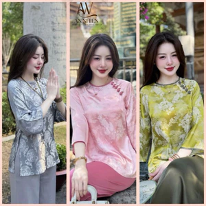 Hàng loại 1 [FREESHIP] Set Gấm Long Phụng Cổ Tròn Khuy Tết - Bộ Lam Lễ Chùa Gấm Tằm Đồ Lam An Nhiên( hình thật )