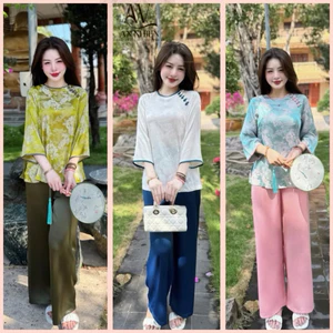 Hàng thiết kế cao cấp bộ đồ đi chùa ( áo gấm quần lụa mango )họa tuyết như hình ( hình thật ) | Đồ Lam An Nhiên