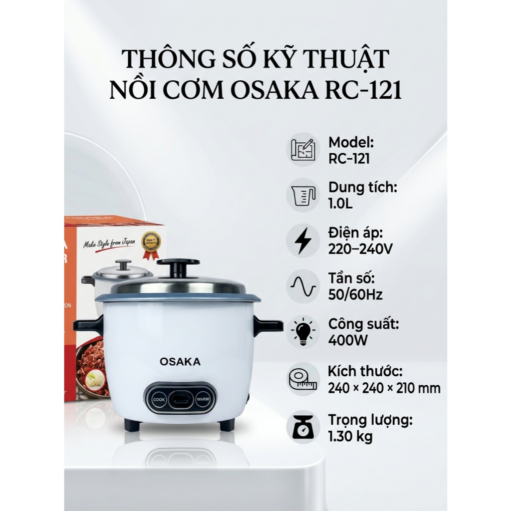 Nồi Cơm Điện Mini OSAKA RC-121 Dung Tích 1.0L Công Suất 400W Lòng Nồi Chống Dính Nắp Inox
