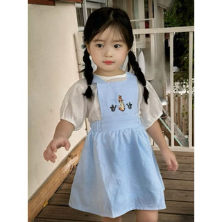 Set váy yếm bé gái thêu hình thỏ xinh xắn