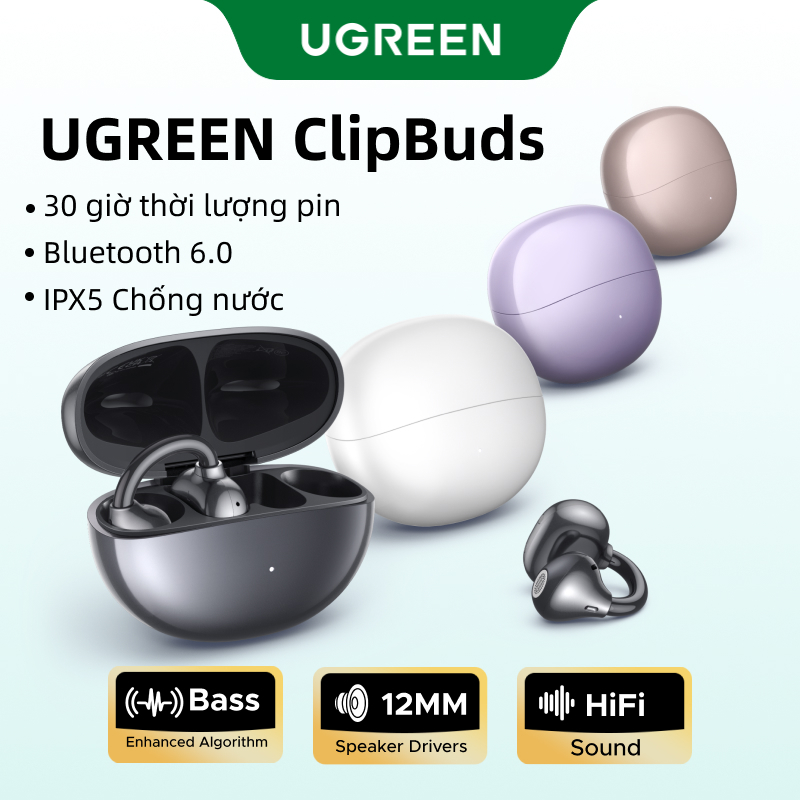 UGREEN ClipBuds Tai nghe không dây Bluetooth Hi-Fi mở tai Bluetooth 6.0 Tai nghe IPX5 12mm Bio-Diaphragm IPX5 pin 30 giờ | BigBuy360 - bigbuy360.vn